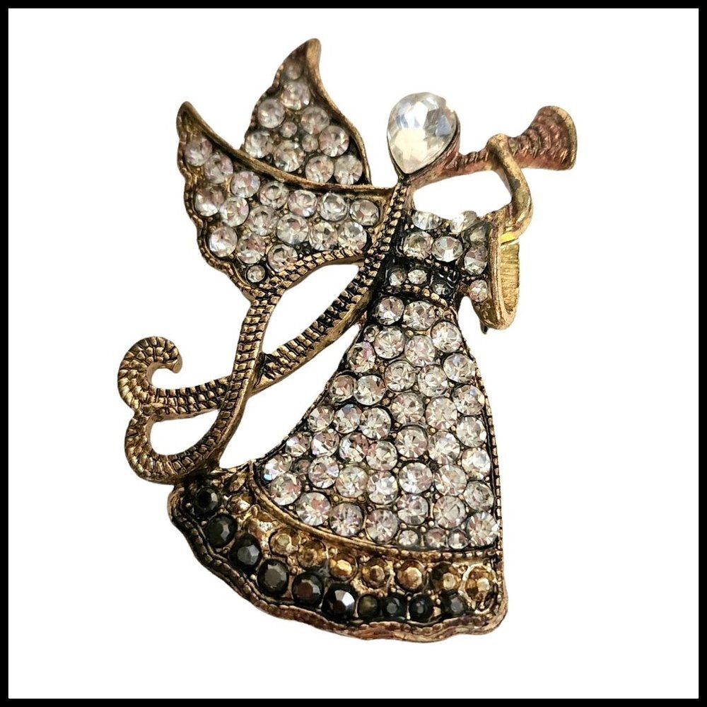 Vintage Signed Monet Gold Tone Rhinestone Crystal Black White Angel Brooch Pin